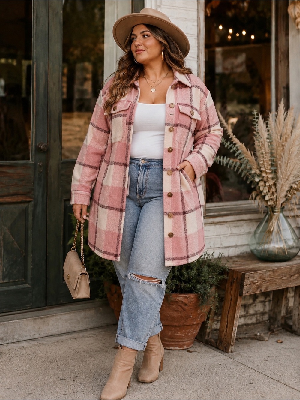 Ava & Viv Pink Plaid Belted Shacket Jacket | Size 14 | Fall Layering Piece